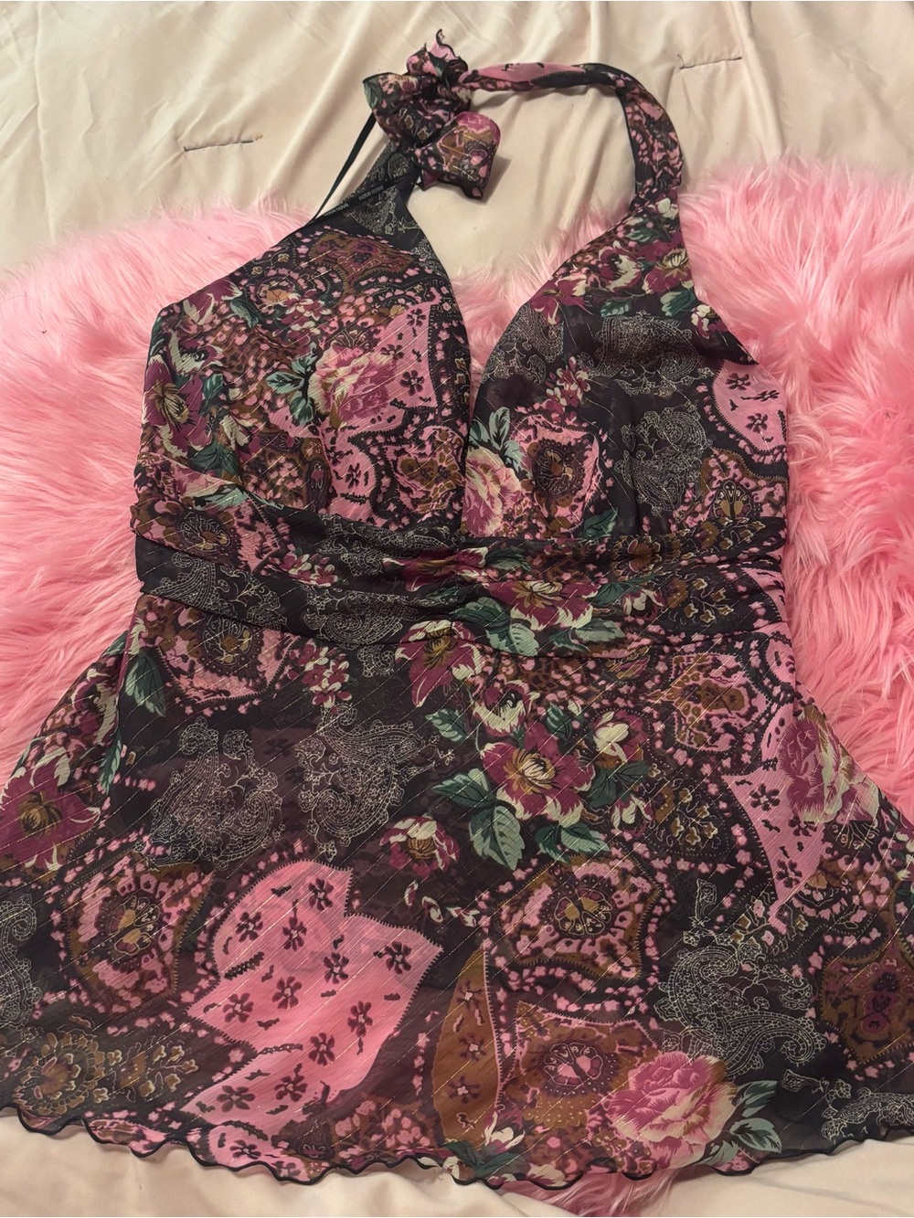 Bisou XL Luxurious Behavior Halter Babydoll Pink Floral Paisley Y2K Boho Glam